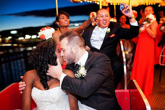 Bride and groom kiss